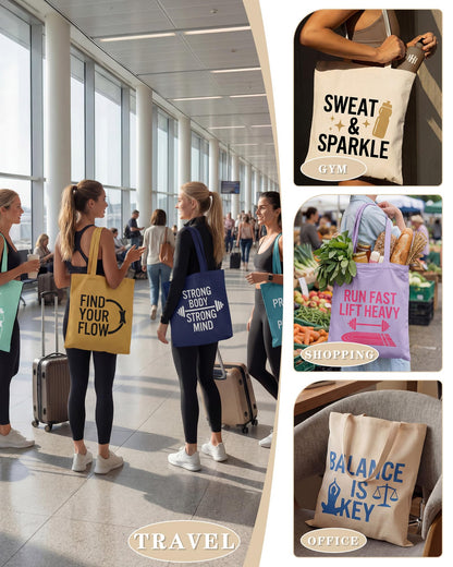 Sanwuta 8 Pcs Fitness Canvas Tote Bags for Women Workout Funny Reusable Shopping Bag with Zipper Inner Pocket Sports Lover Gym Gifts for Pilates Yoga Body Builder Bodybuilding Lovers Everyday Carry
