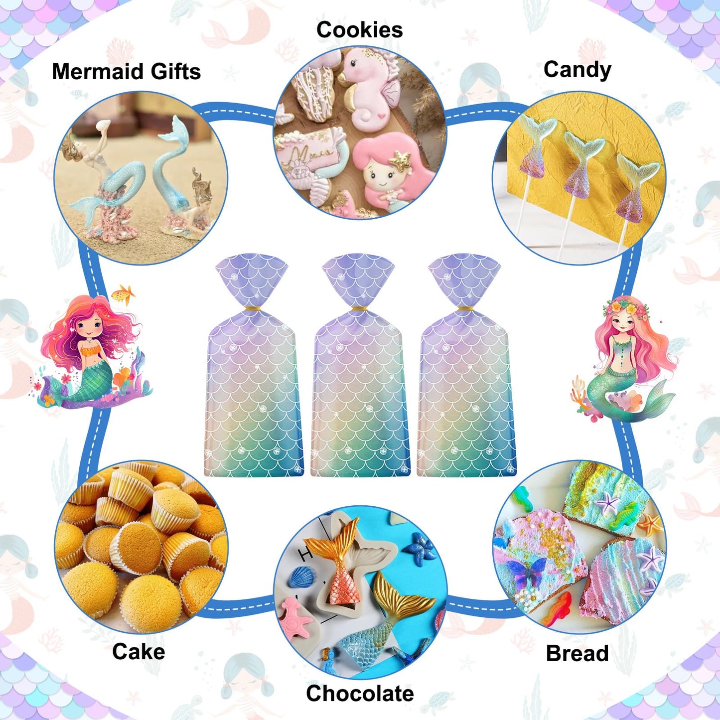 50 Pack Mermaid Goodie Bags - Ocean Mermaids Party Favor Bags, Little Mermaid Cello Cellophane Gift Candy Treat Bag with 50Pcs Twist Ties for Kids Girls Mermaids Themed Birthday Party Supplies Favors