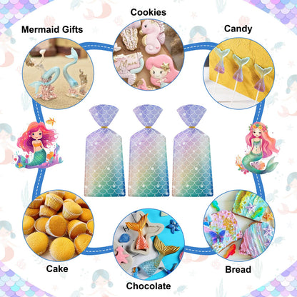 50 Pack Mermaid Goodie Bags - Ocean Mermaids Party Favor Bags, Little Mermaid Cello Cellophane Gift Candy Treat Bag with 50Pcs Twist Ties for Kids Girls Mermaids Themed Birthday Party Supplies Favors