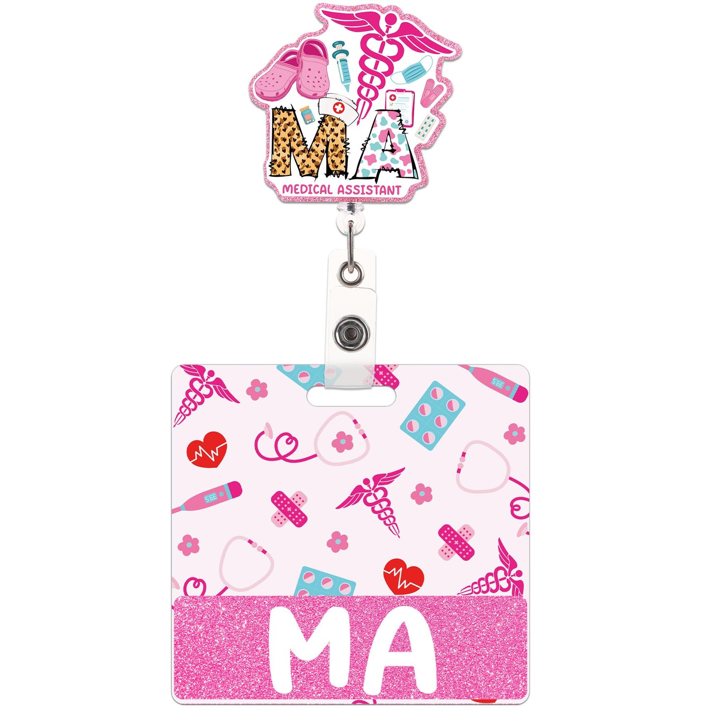 Medical Assistant Badge Reel and Buddy, Pink Retractable ID Holder with Swivel Clip and MA Badge Buddy, Medical Assistant Gifts and Accessories for Work