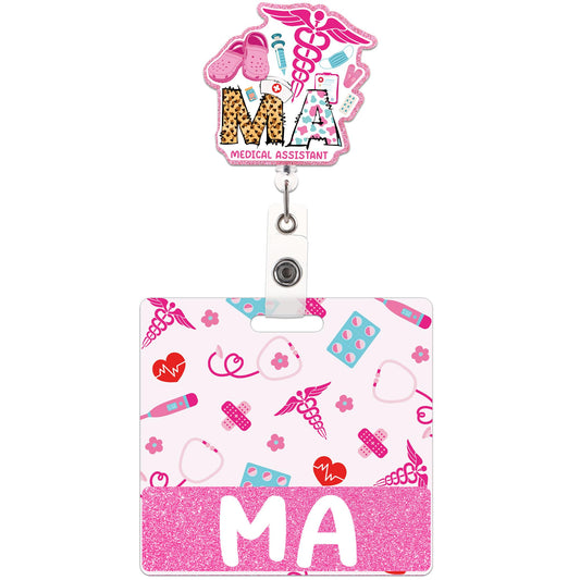 Medical Assistant Badge Reel and Buddy, Pink Retractable ID Holder with Swivel Clip and MA Badge Buddy, Medical Assistant Gifts and Accessories for Work