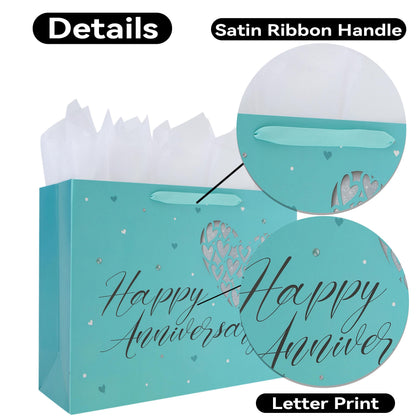 16.5” Extra Large Gift Bag Set with Handles, Greeting Card, Tissue Papers and Stickers for Valentine's Day, Anniversary Women Men Husband Wife Boyfriend Girlfriend or Romantic Partner, Heart Design, 1 Pcs