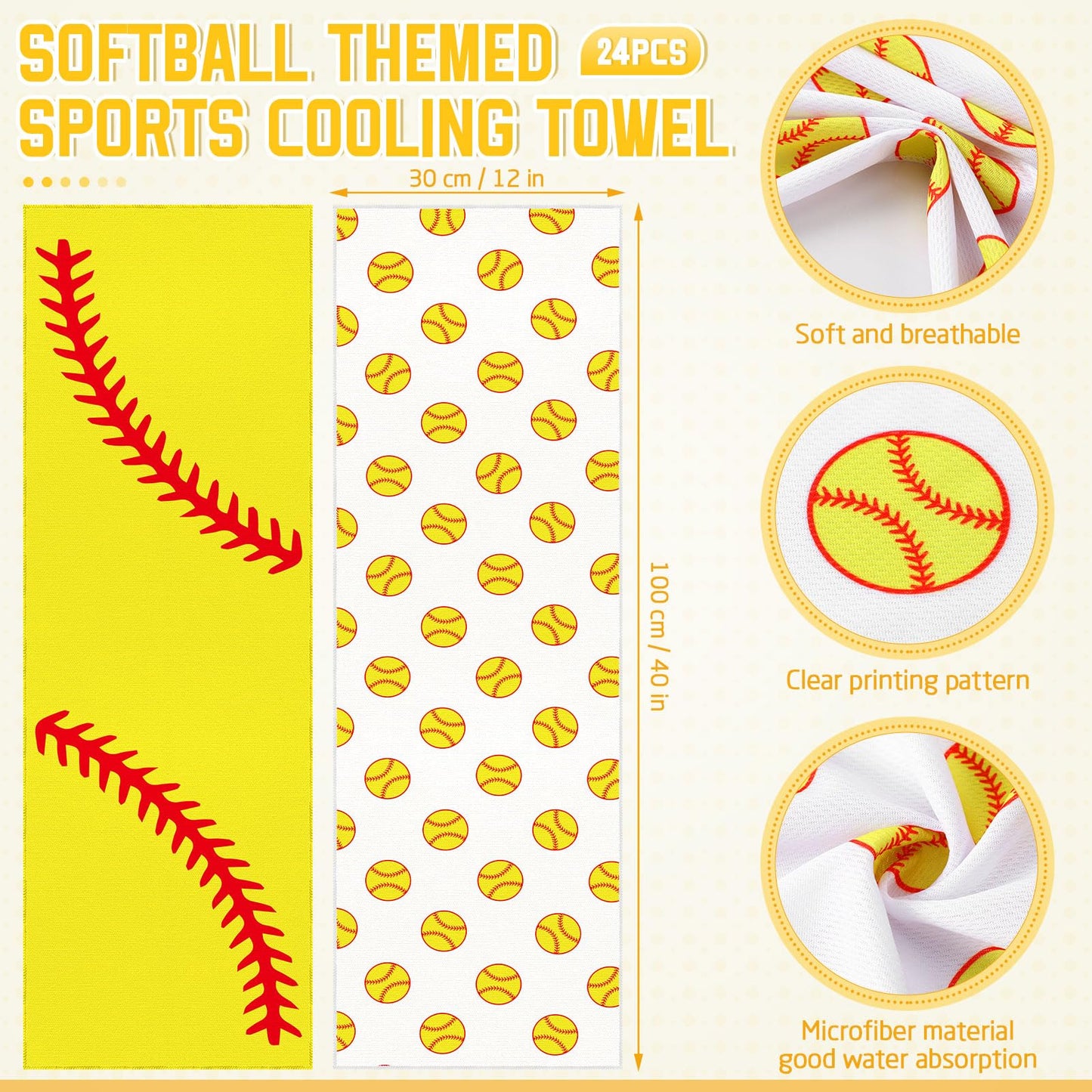 FuWeave 24 Pcs Sports Cooling Towels Baseball Basketball Softball 40 x 12 Inch Breathable Soccer Football Volleyball Microfiber Ice Towel Fast Drying for Sport Party Favors Team Gift(Yellow,Softball)