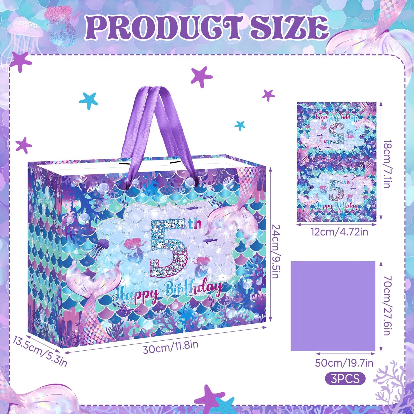 LUUFILx 5th Mermaid Birthday Gift Bag for Girls 5th Purple Mermaid Theme Birthday Wrapping Paper with Tissue Paper Greeting Card Purple Gift Bags with Ribbon Handle for Baby Shower Decor Supplies