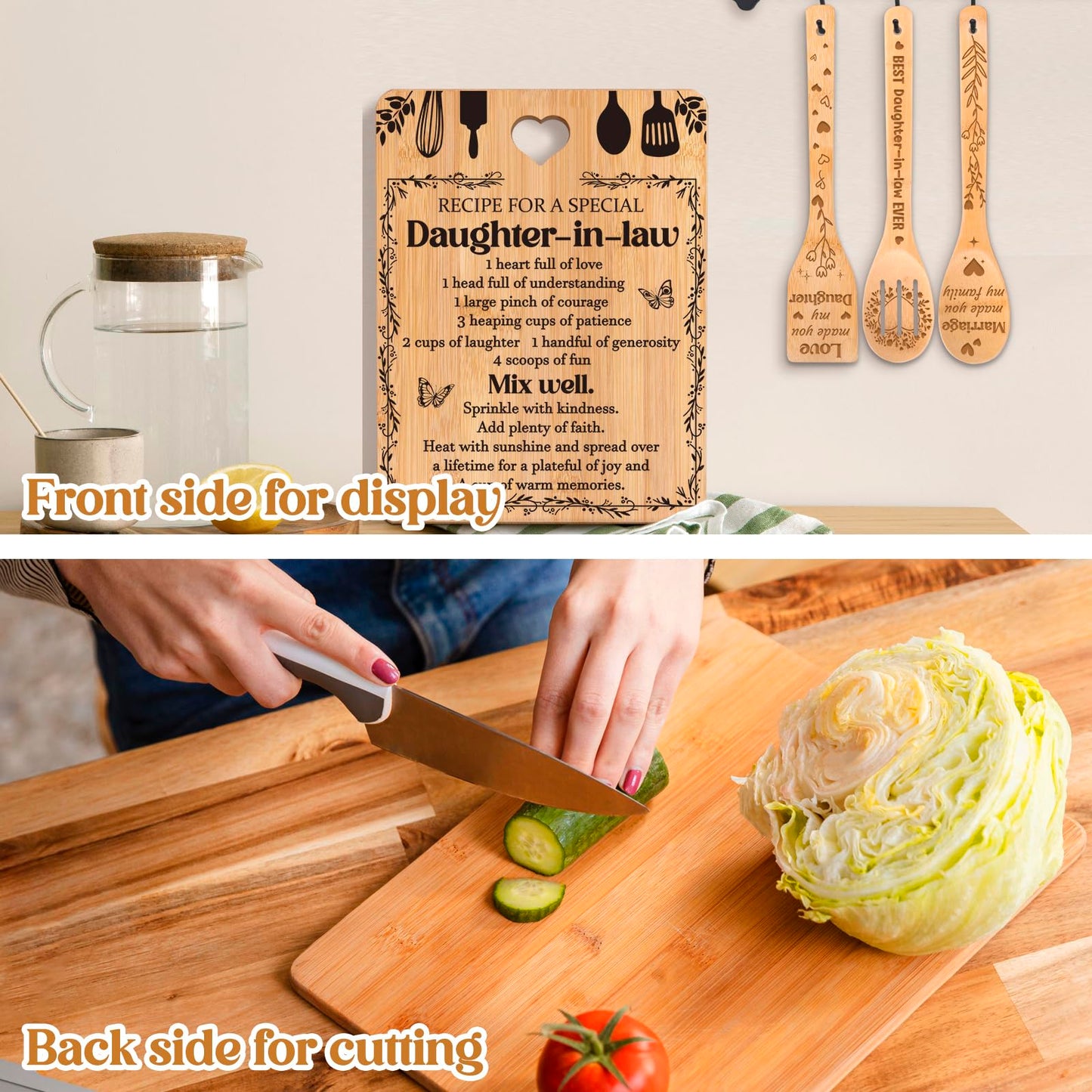 Gifts for Daughter in Law - "Recipe for a Special Daughter-in-Law" Daughter in Law Birthday Gifts Cutting Board Set, Bamboo-Made Engraved Utensil Set Mothers Day Gifts for Daughter in Law
