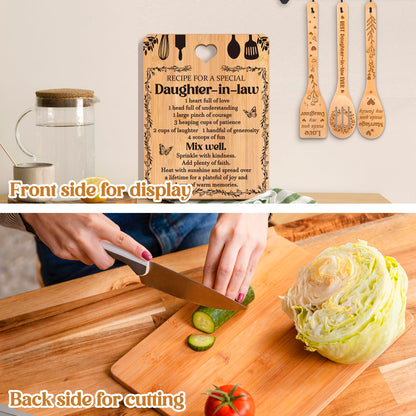 Gifts for Daughter in Law - "Recipe for a Special Daughter-in-Law" Daughter in Law Birthday Gifts Cutting Board Set, Bamboo-Made Engraved Utensil Set Mothers Day Gifts for Daughter in Law