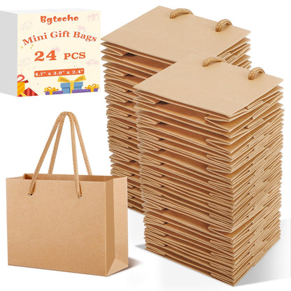 Bgtecho 24 Pack Extra Small Gift Bags, 3.9 x 4.7 x 2.4 Inch Small Paper Bags, Gift Wrap Paper Bags with Handles, Mini Brown Gifts Card Bag for Wedding Birthday Baby Shower Party Favors