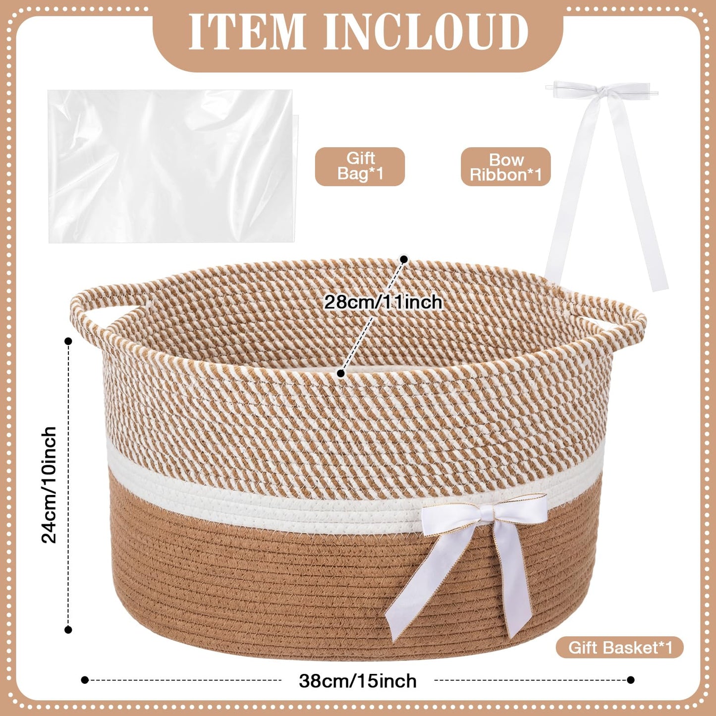 Colingmill Extra Large Graduation Gift Basket Empty with Ribbons Bow Tie Bag, Grad Woven Empty Decorative Box, Woven Rope Storage with Handles Home Decor(15 x 11 x 9.5 Inch, Khaki White)