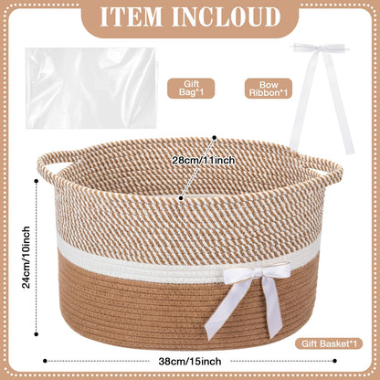 Colingmill Extra Large Graduation Gift Basket Empty with Ribbons Bow Tie Bag, Grad Woven Empty Decorative Box, Woven Rope Storage with Handles Home Decor(15 x 11 x 9.5 Inch, Khaki White)