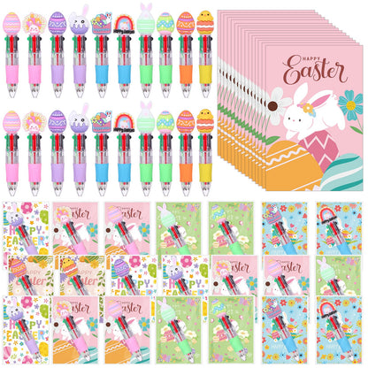 50 Sets Easter Pens Gifts Bulk Cartoon 4 in 1 Multicolor Ballpoint Pens with Greeting Cards 0.7mm Cute Bunny Egg Pens for Easter Party Favors Basket Goodie Bag Stuffers Students Reward Classroom Gifts