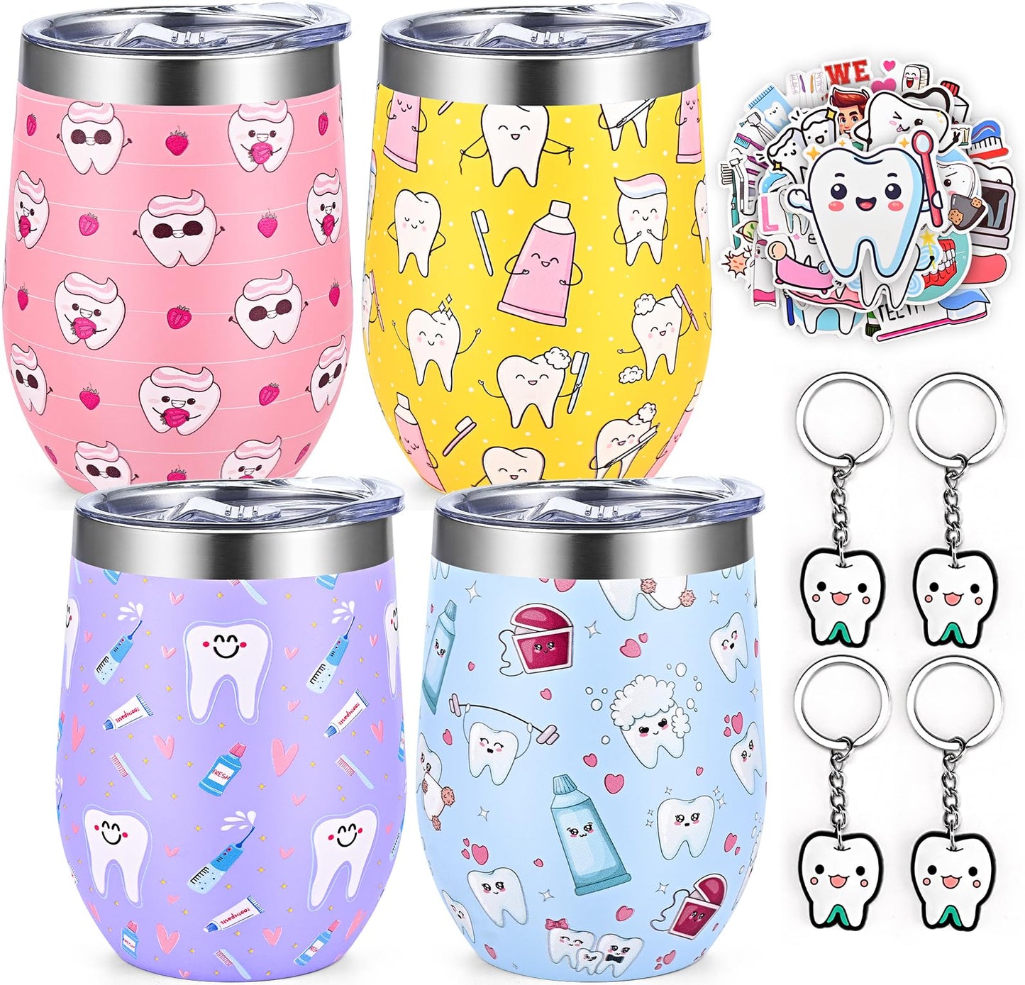 Lifecapido 9Pcs Dental Hygienist Gifts, Dental Assistant Appreciation Gifts Bulk for Coworkers, 12oz Wine Tumbler with Lid & Straw, Tooth Keychains, Stickers for Appreciation Week(Multicolor)