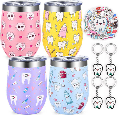 Lifecapido 9Pcs Dental Hygienist Gifts, Dental Assistant Appreciation Gifts Bulk for Coworkers, 12oz Wine Tumbler with Lid & Straw, Tooth Keychains, Stickers for Appreciation Week(Multicolor)