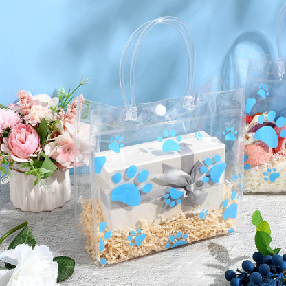 Teling 20 Packs Dog Paw Clear PVC Gift Bags with Handle Reusable Plastic Wrap Tote Bags Transparent for Puppy Pet Treat Party Favor Birthday Wedding Party, 8 x 8 x 3.15 Inch(Blue)