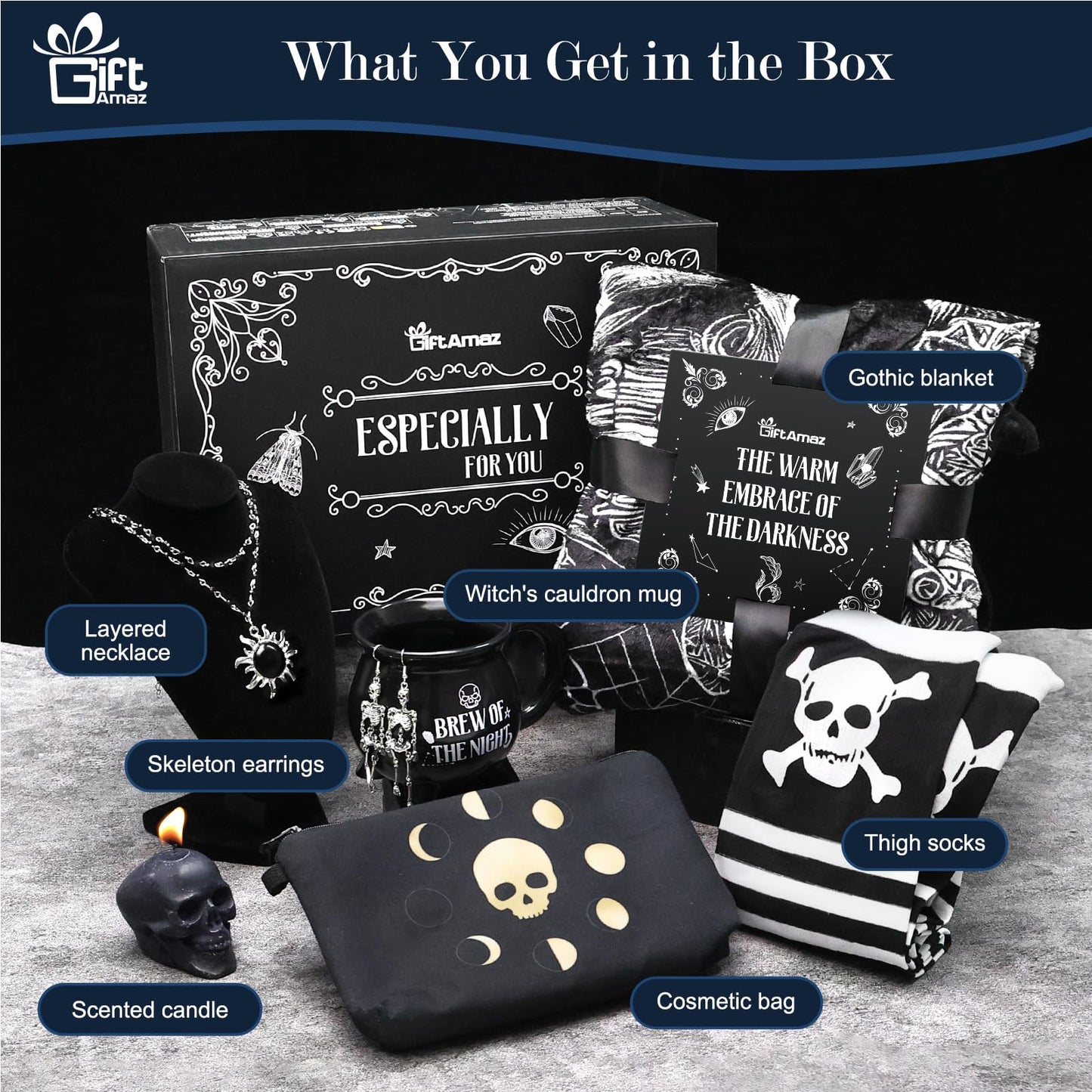 GiftAmaz Gothic Gifts for Women, Witchy Gifts, Goth Horror Themed Gift, Spooky Gifts Basket with Gothic Coffee Mug, Spooky Blanket, Ghost Skull Graduation Gifts Basket for Her Women Teens Girl Friend
