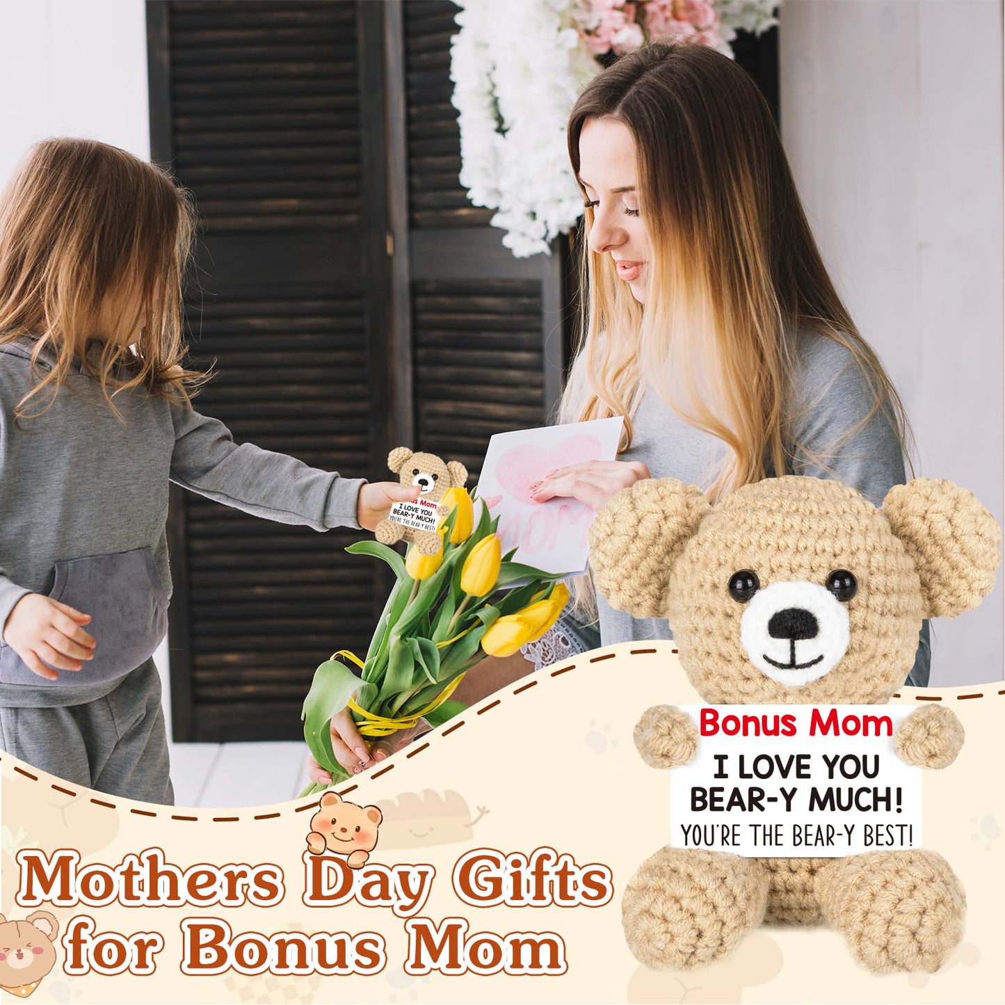 WELLBANEE Mother Gift Bonus Mom, Handmade Crochet Bear for Sentimental Mothers Day Birthday Present for Stepmom, Appreciation Keepsake for The Best Bonus Mom Ever, Small Desk or Shelf Décor Bear