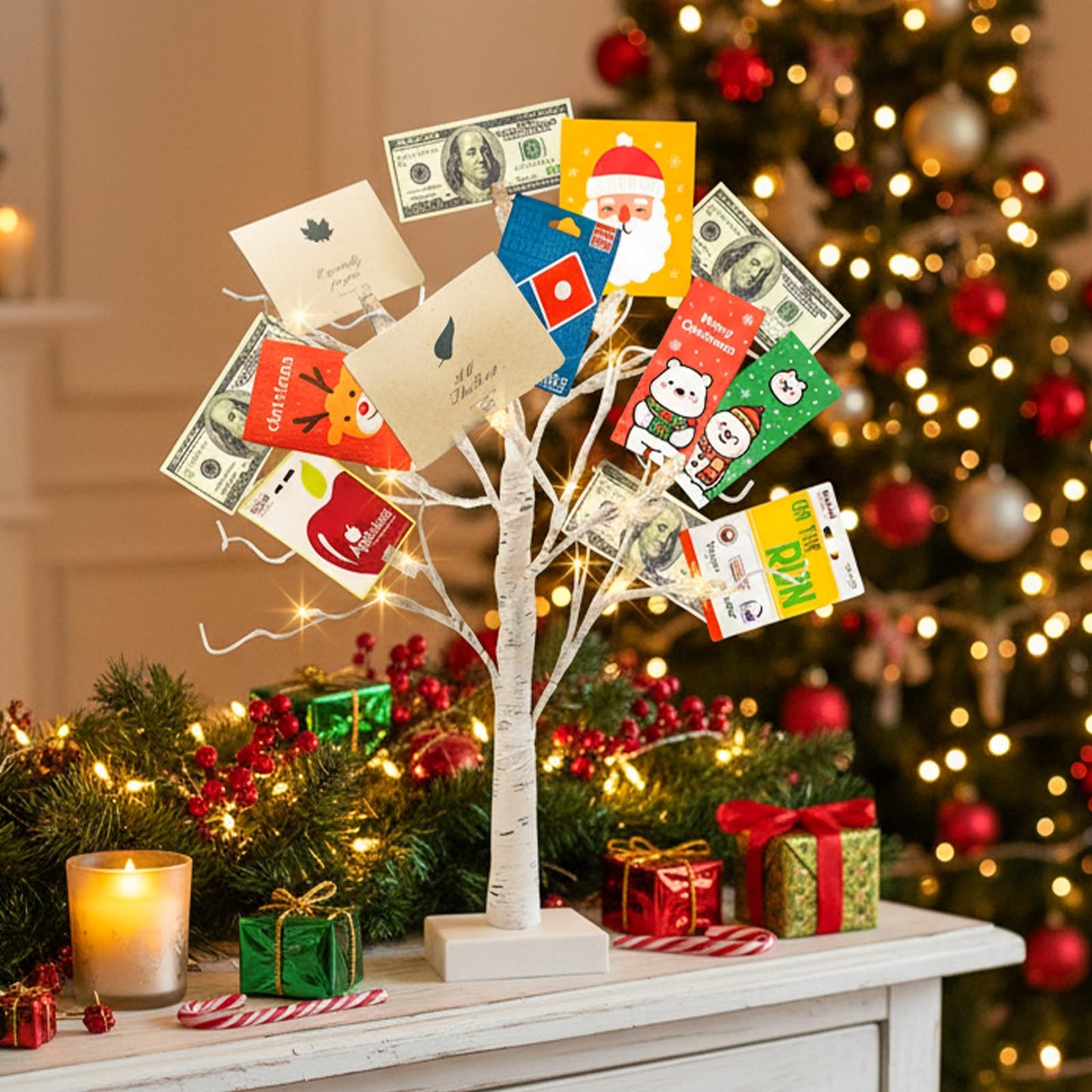 PABIPABI Money Tree Gift Holder, 24 LED Lighted Birch Tree with 12 Clear Clips, Battery/USB Powered Timer Display Tree for Christmas, Memo, Present Card, Photo, Wedding, Birthday Graduation