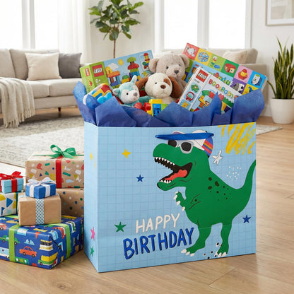 Joliloly 13" Happy Birthday Gift Bag, Dinosaur Print Sturdy Thick Paper Bag for Kids, Reusable Birthday Present Bag with Tissue Paper and Card for Boys Girls, Party Gift Wrapping Supplies