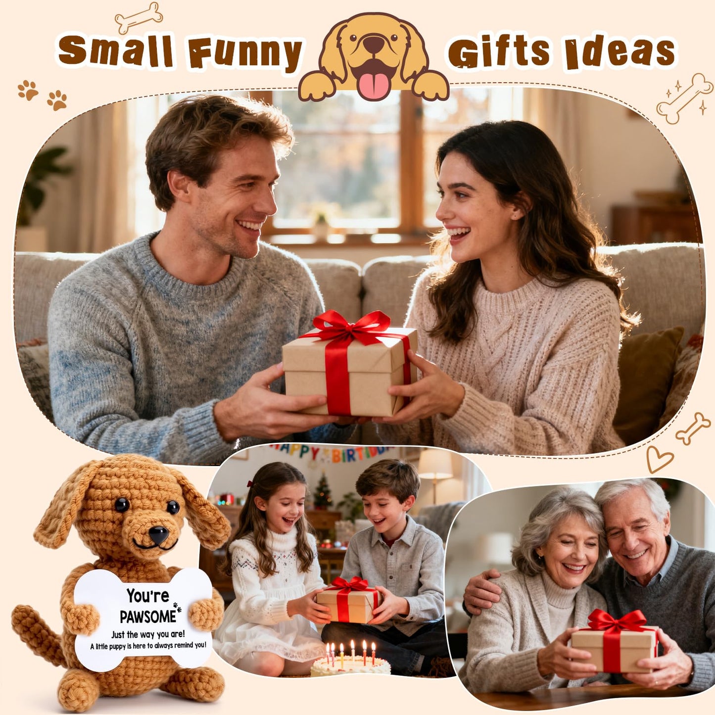 Funny Dog Gifts for Girls Boys Women Men Birthday Fathers Day Presents, Mini Cute Stuff Cool Things, Small Puppy Dog Stuffed Animal Plush, Emotional Positive Support Crochet Desk Decor Accessories