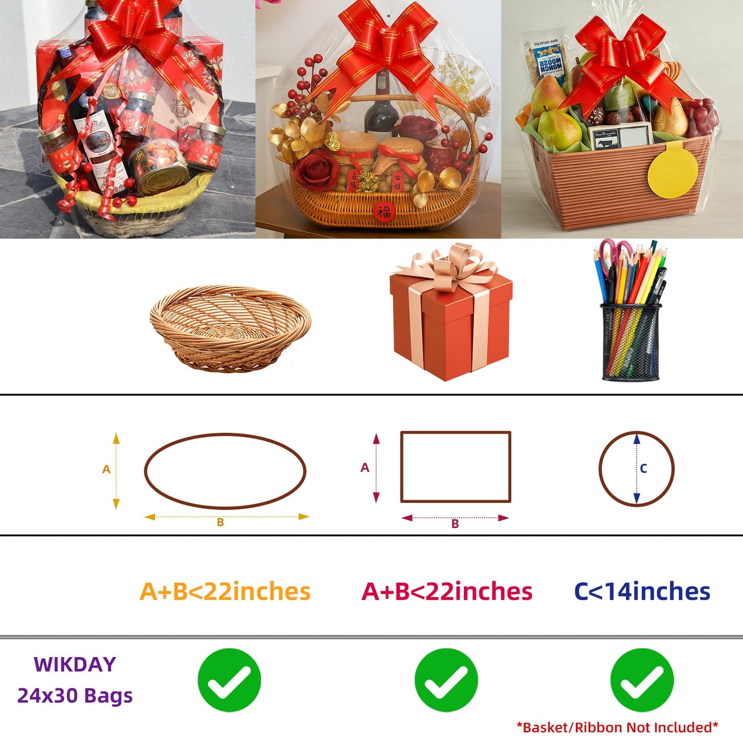 WIKDAY Shrink Wrap Bags for Gift Baskets 10 PCS 24x30 Inches Large Cellophane Bags Wrapping Plastic Clear Jumbo Basket Wrap Bags