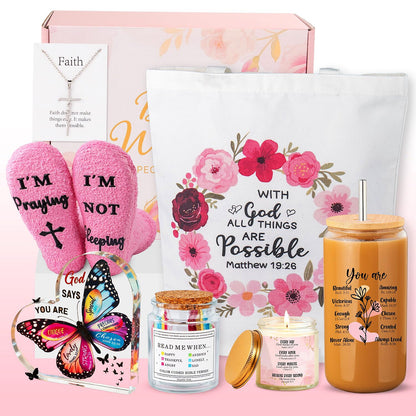 Christian Gifts For Women, Religious Gifts, Christian Mothers Day Gifts For Women Faith, Birthday & Inspirational Spiritual Gifts For Mom, Bestie, Bff, Sister With Tote Bag, Glass Cup, Bible Jar
