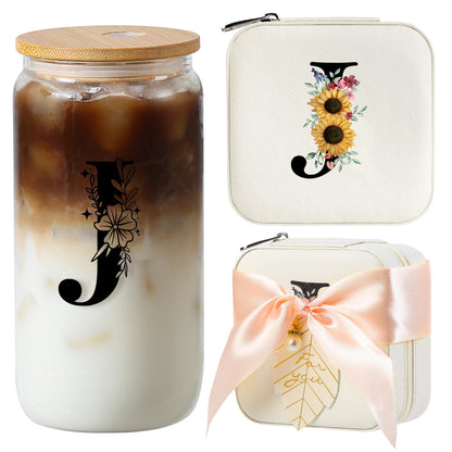 AYGXU galentines day gifts,Initial Glass Cup,Travel Jewelry Case,Small Jewelry Box Organizer, Mothers Day gifts,Initial J white
