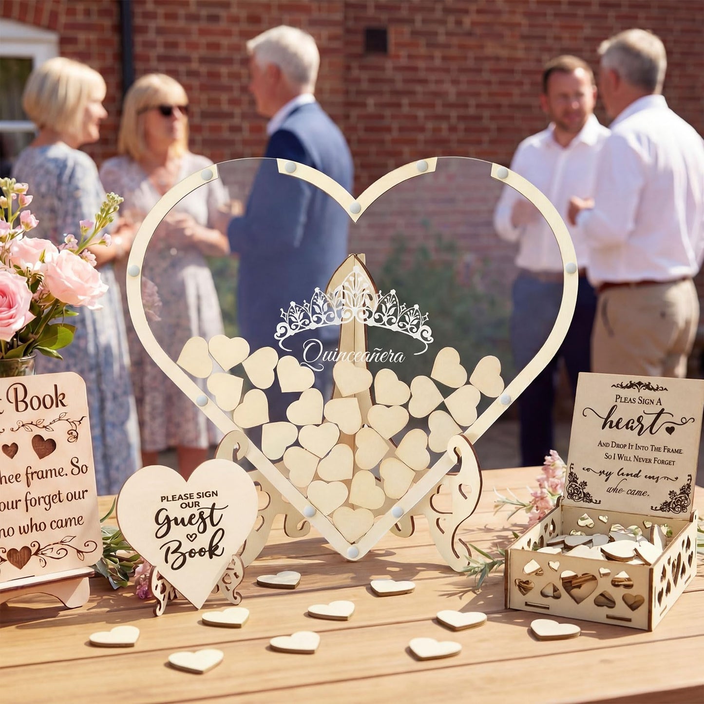 Weysat Heart Shape Quinceanera Wooden Guest Book Alternative Drop Box Alternative Special Gifts for Girls, Sweet 15th Birthday Decor, Quinceanera Birthday Party Sign Book for Guests