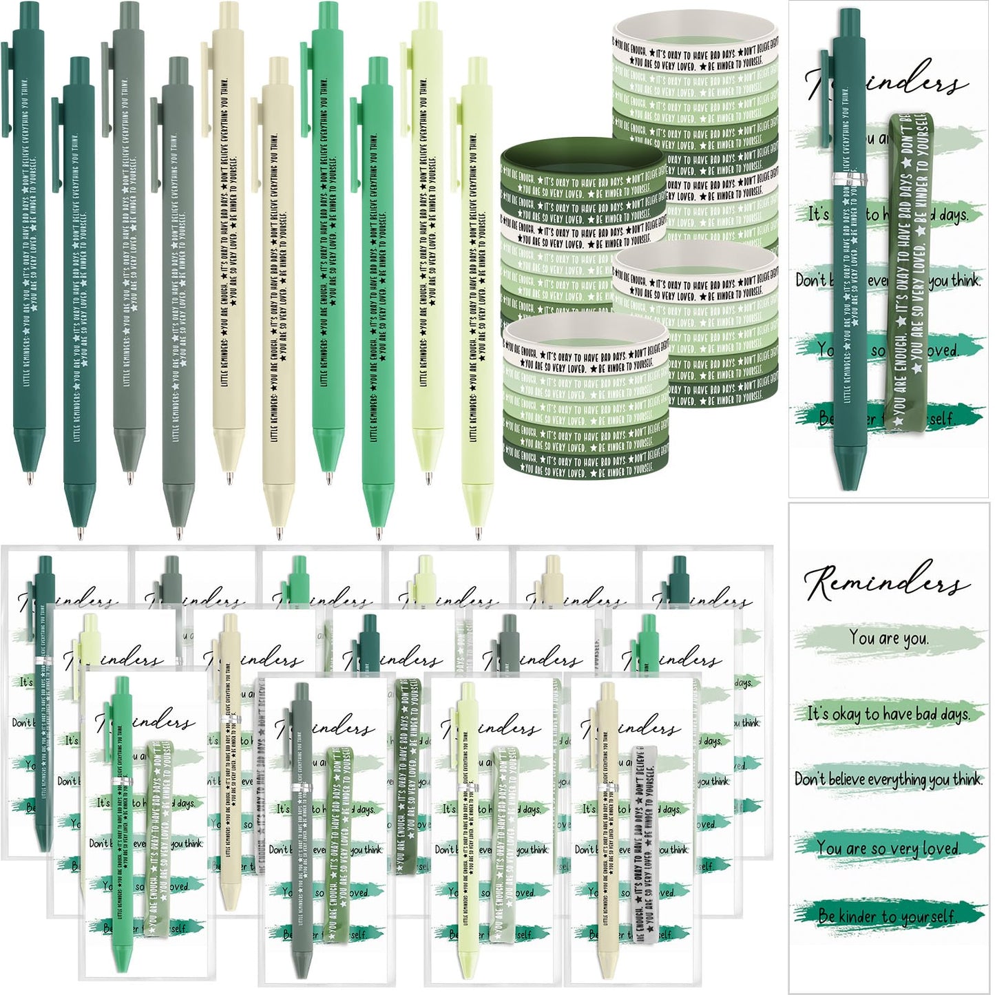 Feifeiya 50 Set Inspirational Mental Health Awareness Gift Mental Health Bracelet Wristbands Green Awareness Motivational Pens Positive Affirmation Bookmarks for Counseling School Counselor Gift