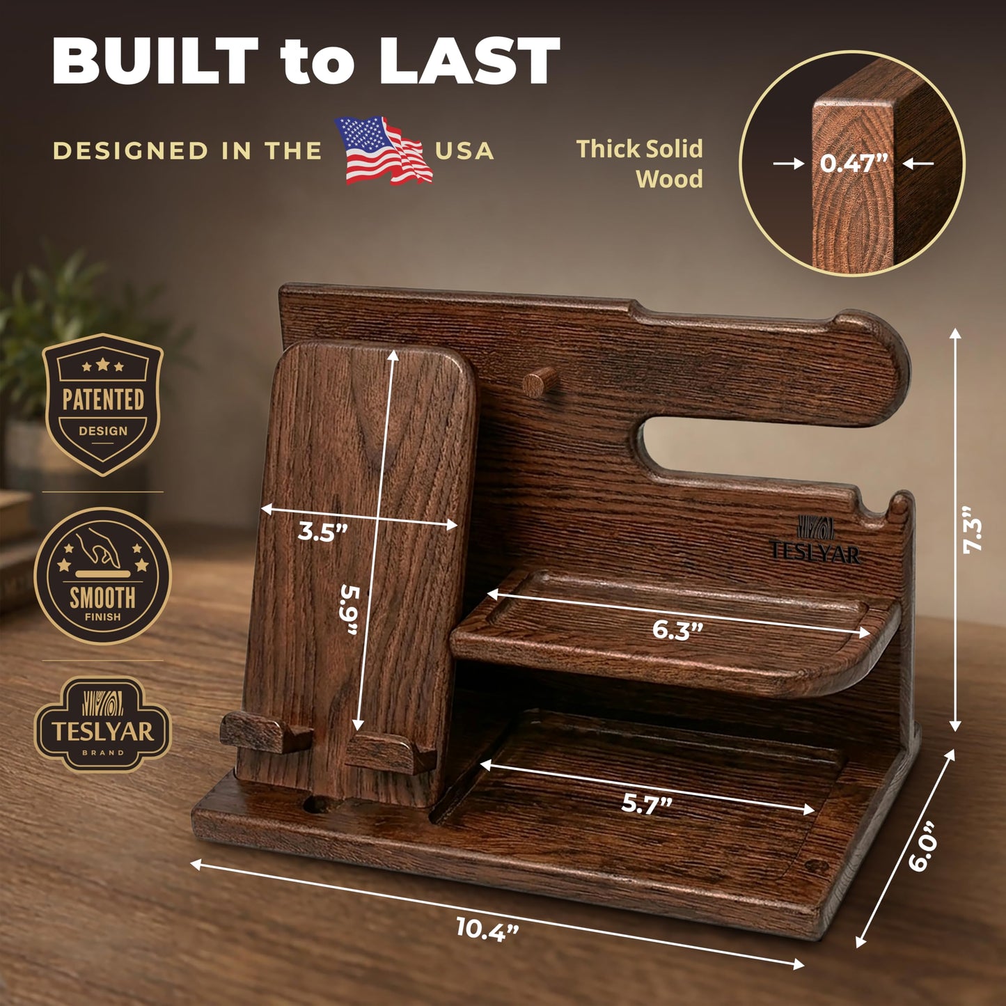 TESLYAR Wood Phone Docking Station for Men - Desk or Nightstand Organizer - Birthday Gifts for Husband, Dad - Anniversary Idea from Wife - Key Holder, Stand Wallet, Watch & Essentials (Bourbon Brown)