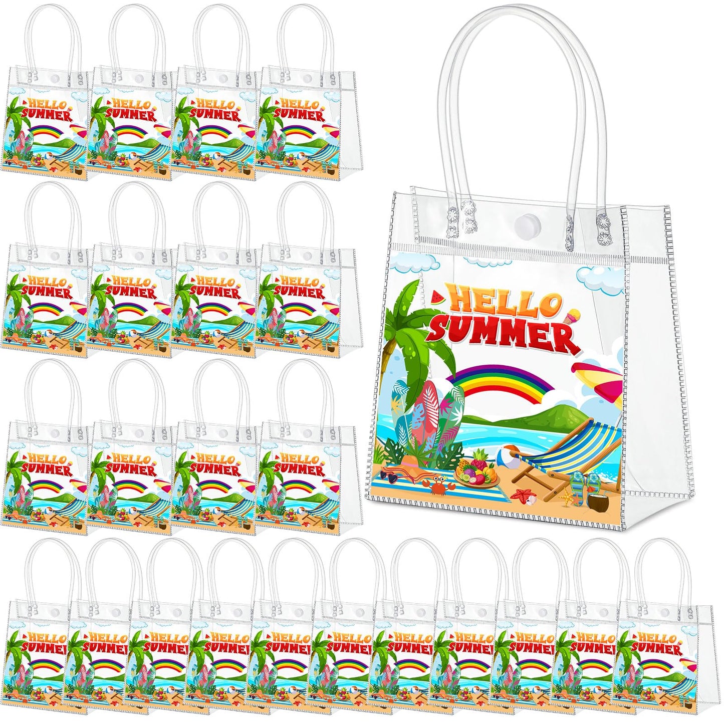 Aliceset 24 Pcs Hello Summer Clear Gift Bags Bulk with Handle, PVC Summer Party Favor Bag Reusable Transparent Goodie Bags for Beach , Pool Parties, Picnics & Outdoor Events, 6.31"x 5.91"x 3.15"