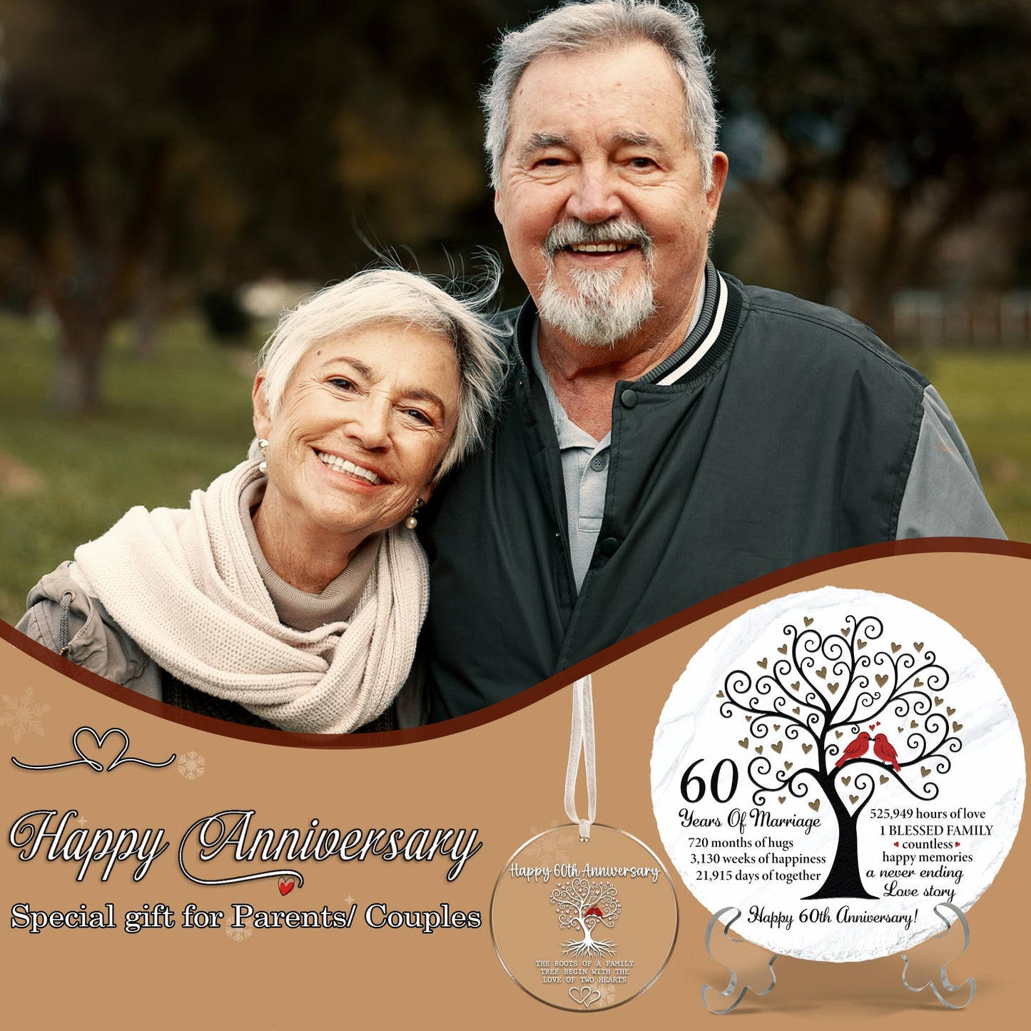 60th Anniversary Wedding Gifts - 60 Years Anniversary Slate Stone 8" with Stand, Ornament, Card - 60th Diamond Wedding Gift Set for Parents, Couple, Husband, 60 Years of Marriage Natural Stone TT-A60