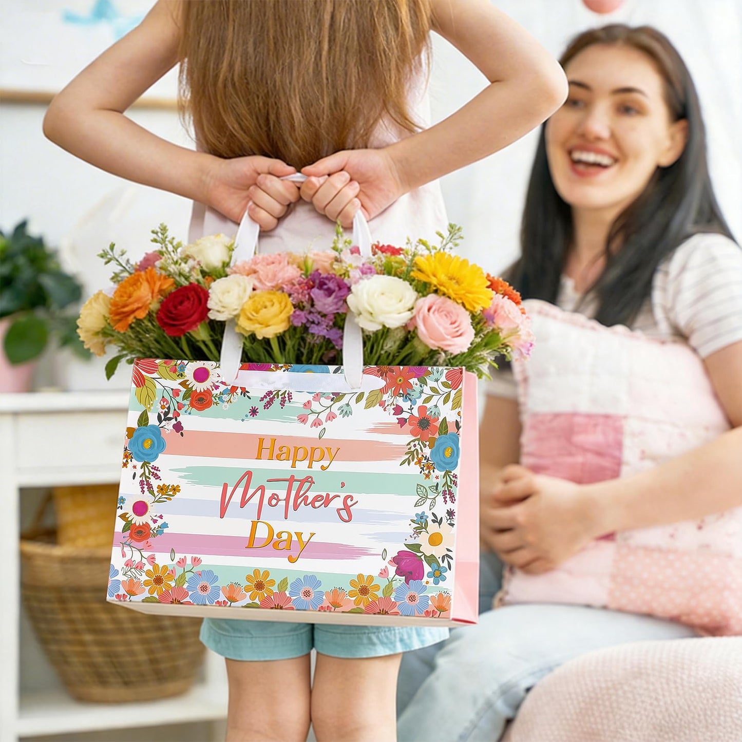 2 Pack 13" Large Mothers Day Gift Bags, Reusable Paper Mothers Day Floral Gift Bag with Handles Elegant Mothers Gift Wrap Bags with Flowers Pattern Design for Woman Moms Grandmas Gift Wrapping Supplie