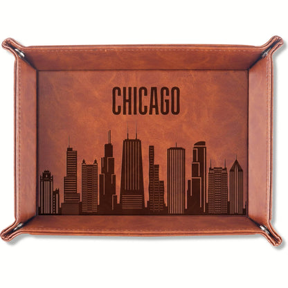 InnoBeta Chicago City Skyline Gifts for Chicago Lovers, Chicago Souvenir, Skyline Map Valet Tray for Him, Male, Boyfriend, Son, Husband, Dad, Desktop Organizer PU Leather Tray