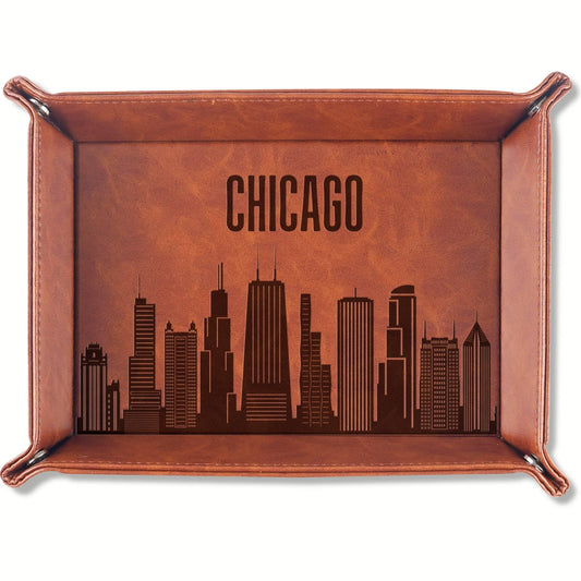 InnoBeta Chicago City Skyline Gifts for Chicago Lovers, Chicago Souvenir, Skyline Map Valet Tray for Him, Male, Boyfriend, Son, Husband, Dad, Desktop Organizer PU Leather Tray