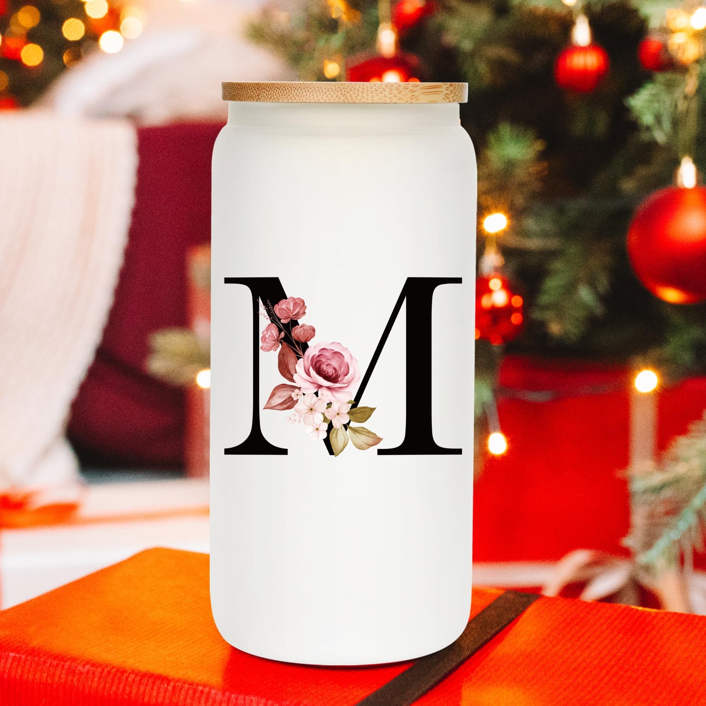 Personalized Gifts for Women, Monogrammed Frosted Glass Tumbler with Straw and Lid, Cute Customized Mug, Custom Initial Iced Coffee Glasses, Customizable Drinking Cup, Birthday Teacher Woman, S