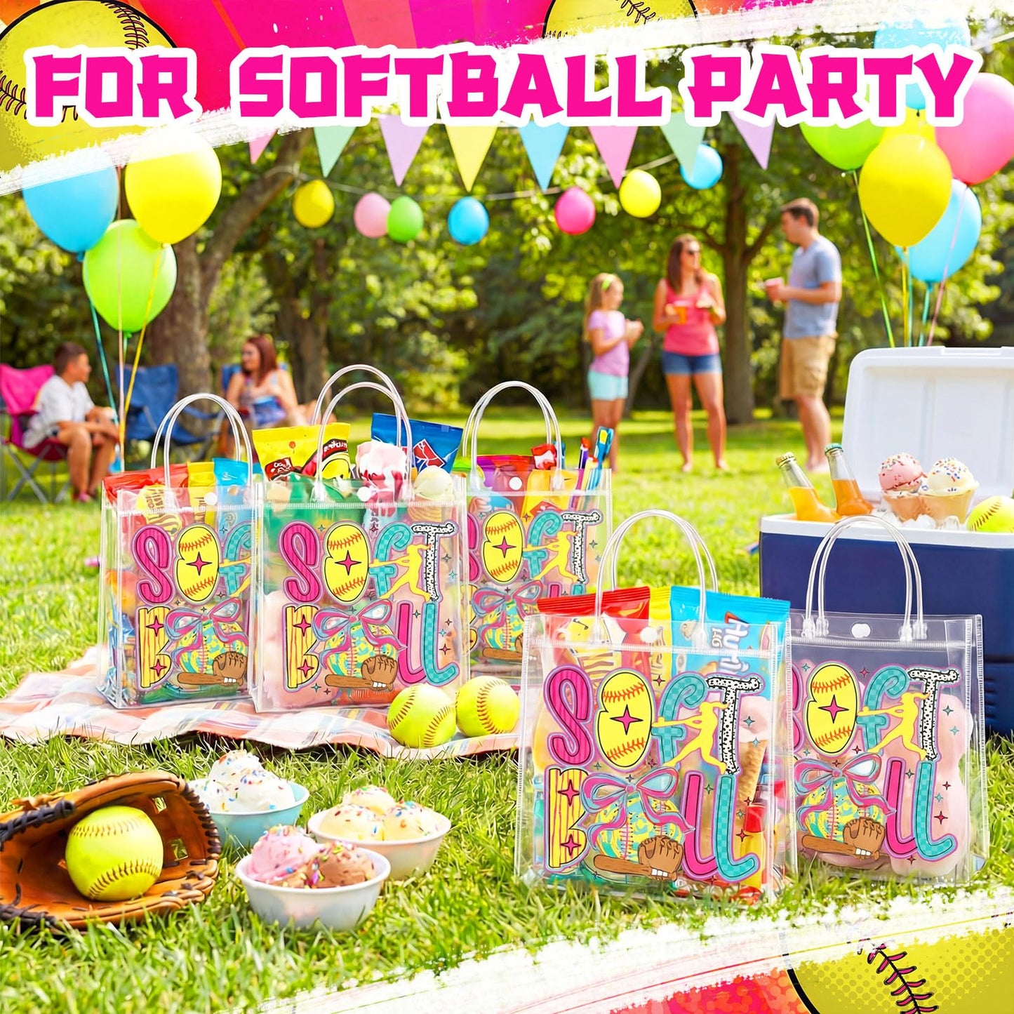 20 Pcs Coquette Softball Goodie Bags with Handles Bow Glitter Preppy Reusable Sports Treat Bags for Candy Birthday Party Supplies 8 x 8 x 3.15''(Softball)