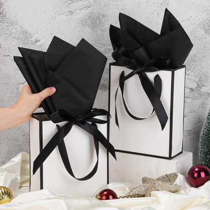OEMVALATY 6 Pcs Thank You Gift Bags with Handles and Tissue Paper 9 x 7 x 3. 15'' Elegant Welcome Gift Bags with Bow Ribbon for Wedding Bridesmaid Baby Shower Groomsmen Birthday Party(White, Black)