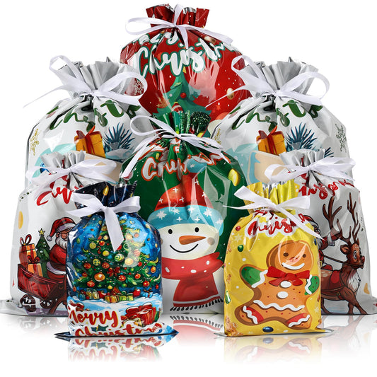 AURUZA 20PCS Christmas Drawstring Gift Bags - Assorted Sizes from Small to Jumbo, with Colorful Designs & Tags, Ideal for Holiday Wrapping & Decorations Party Favors
