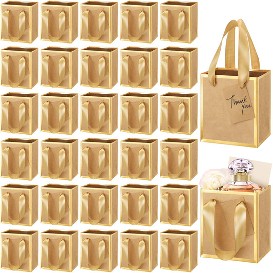 Yeaqee 50 Pcs Mini Metallic Paper Gift Bags with Handles 4x2.75x4.5'' Tiny Small Gift Bags with Thank You Tag for Wedding Graduation Birthday Party Return Gifts Jewelry Business (Kraft,Gold)