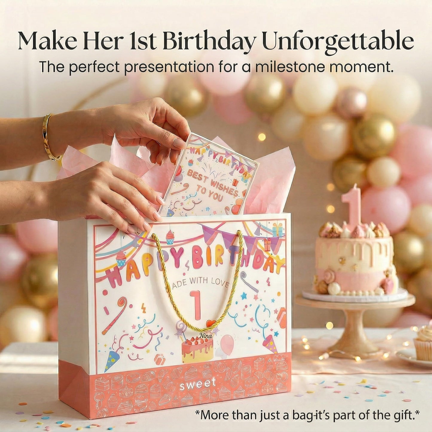 BOPLYBAY 1st Birthday Gift Bag for Girls with Greeting Card & Tissue Paper - Large 13" Pink Age 1 Birthday Party Favor Bag, Luxury Gift Wrapping Set for One Year Old Baby Girl (Age 1)