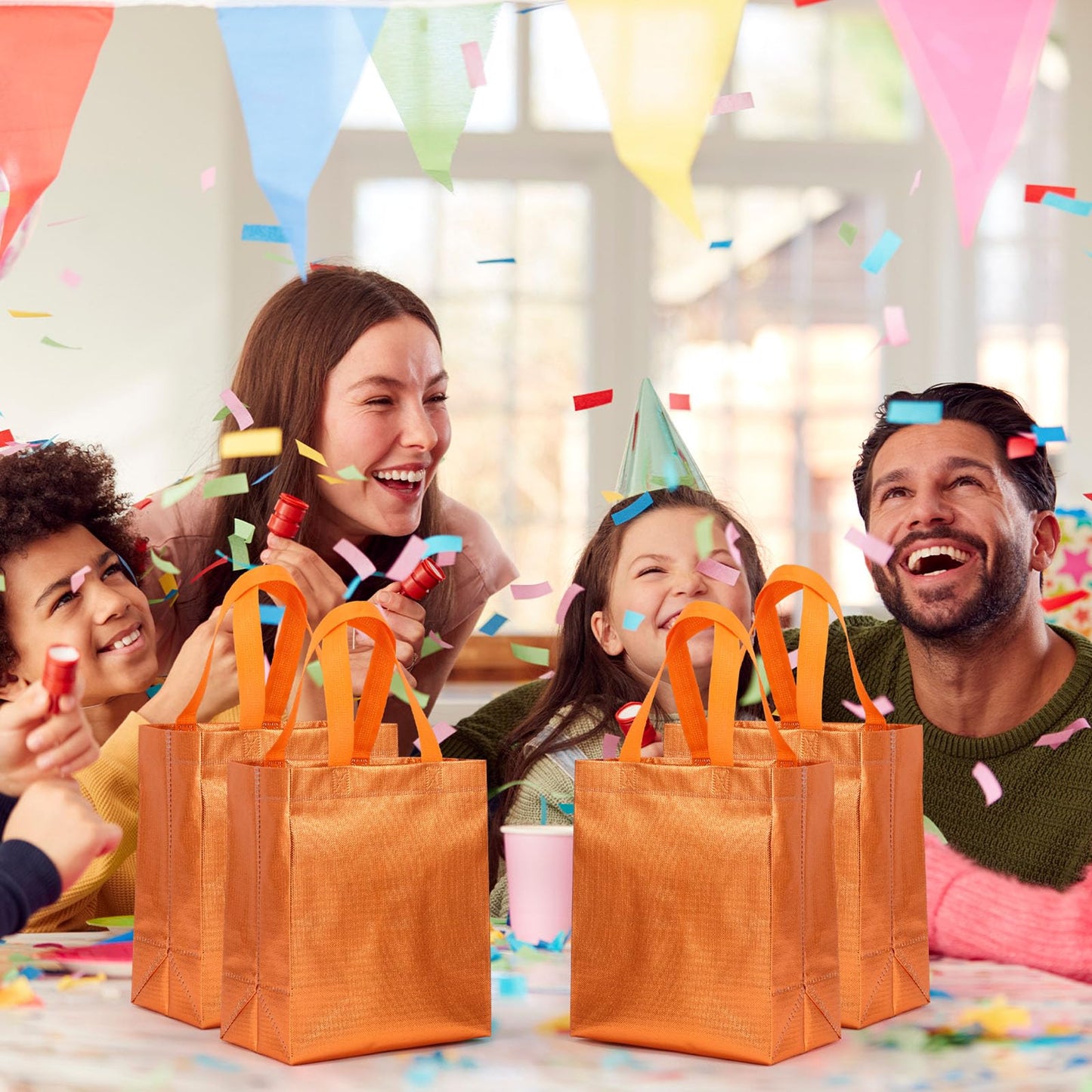 Eccliy 80 Pcs Reusable Gift Bags Set Glossy Grocery Gift Tote Bag with Hadnle for Wedding, Father's Day, Graduation, Summer Event (10 x 8 x 4.7 Inch,Orange)