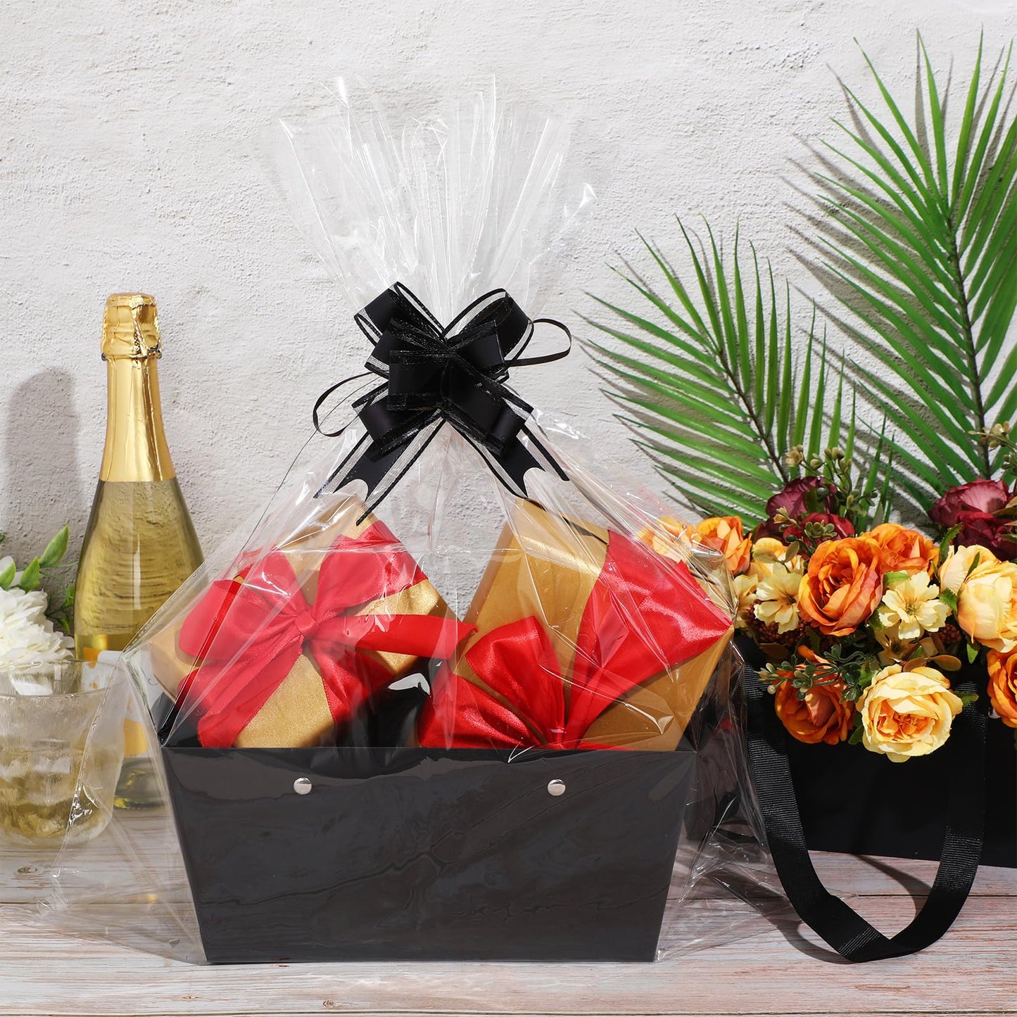 Colarr 12 Pack Baskets for Gifts Empty Bulk Kraft Empty Gift Basket Kit with Handle Wrap Bag Bow DIY Cardboard Market Tray to Fill for Graduation Father's Day Wedding, 9.8" x 6.5" x 4.3"(Black)