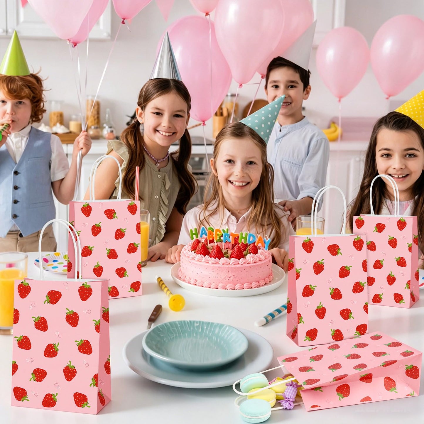 Hxezoc 12 Pieces Strawberry Gift Bags with Handle, Paper Treat Candy Bag Strawberry Party Favor Bags for Strawberry Theme Sweet Birthday Party Decoration Supplies