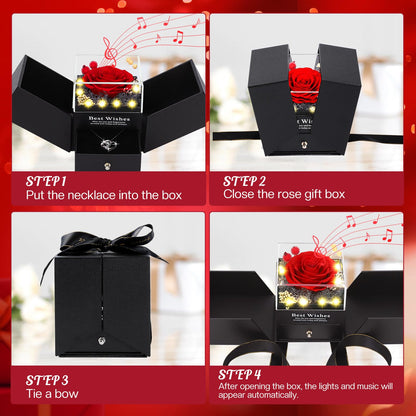 Pasuvsigt Mothers Day Mom Birthday Gifts for Women, Preserved Real Rose with I Love You Heart 100-Language Necklace, LED Lights & Music Box, Anniversary for Women Girlfriend Mom