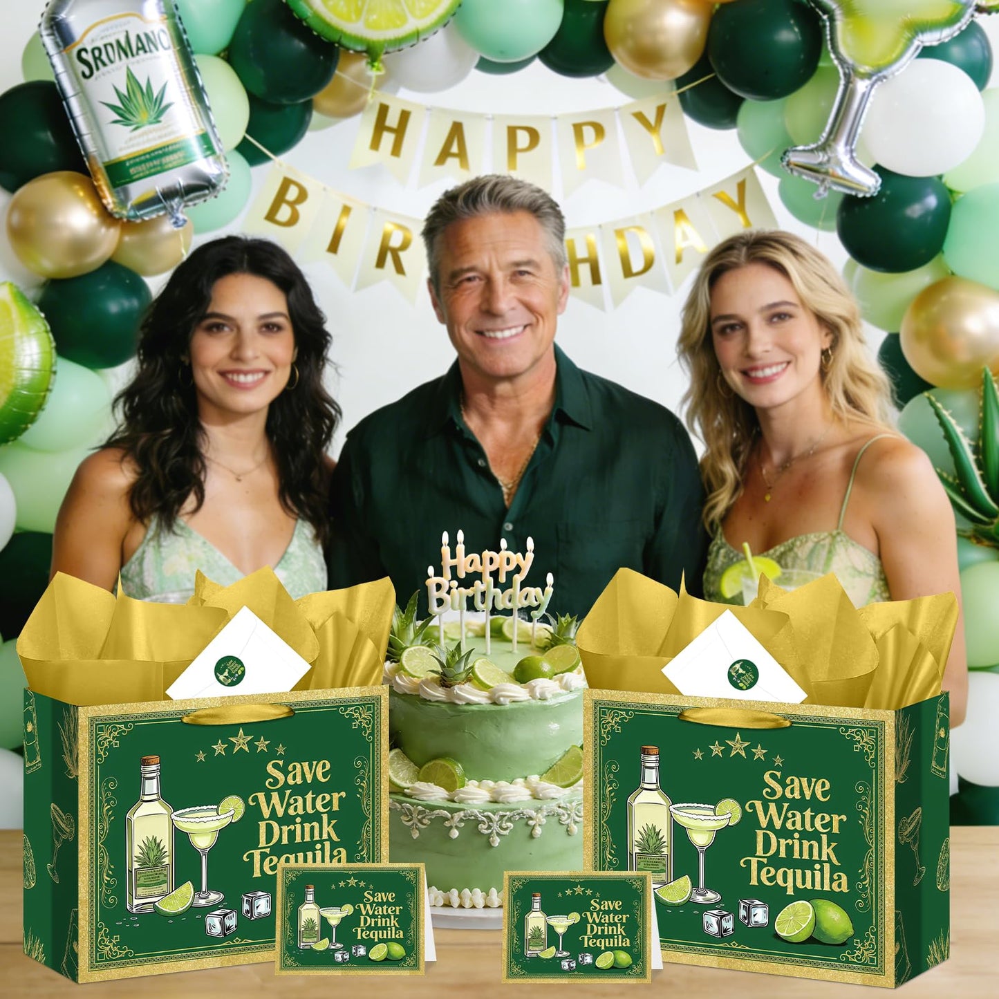 Green Gold Tequila Gift Bag, Margarita All-in-One Set with Greeting Card, Sticker, Envelope, and Tissue Paper, Funny Cocktail Gifts Wrap for Birthday, 21st, Bachelorette, Cinco de Mayo, Mexican Fiesta