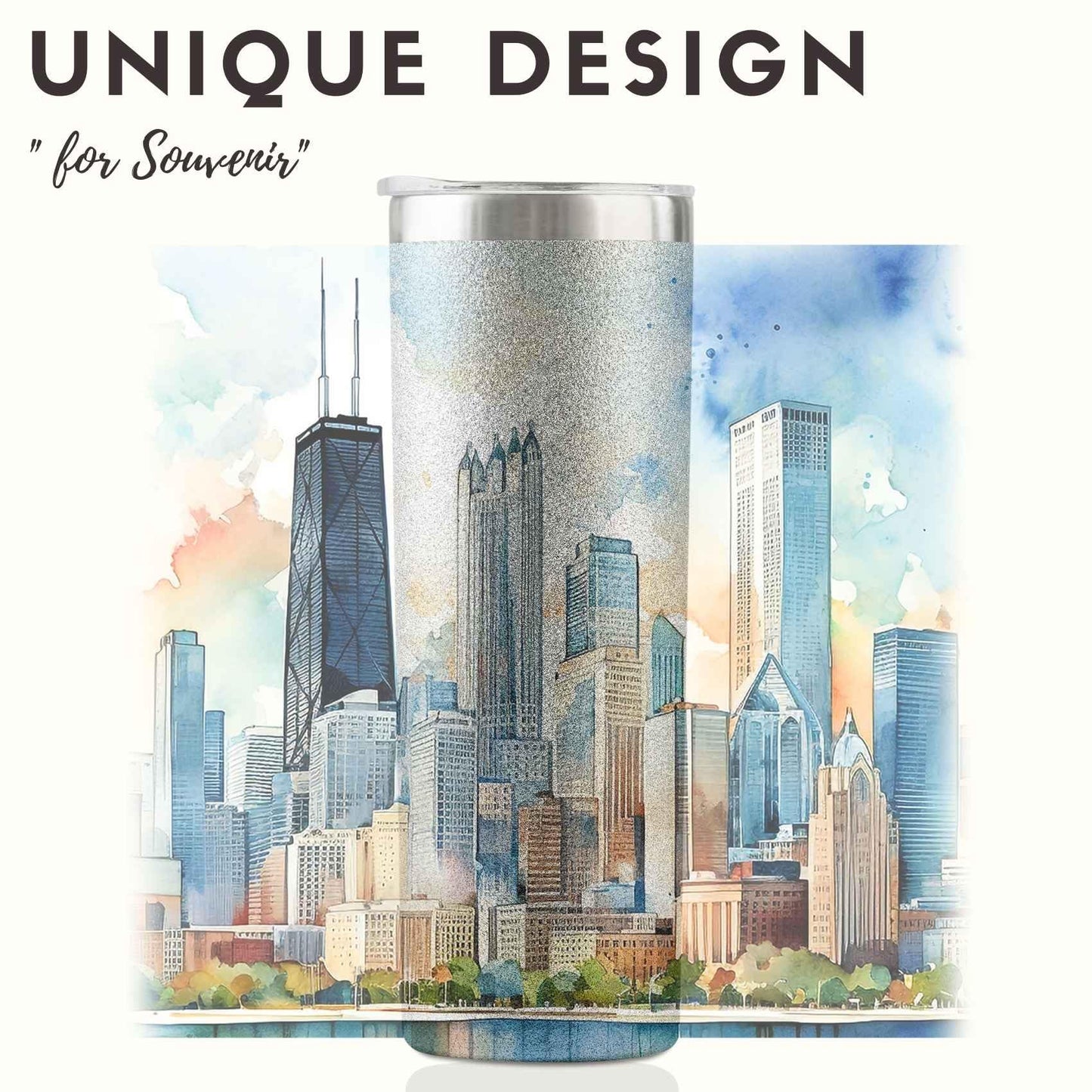 Onebttl Chicago City Skyline Gifts for Chicago Lovers, Skyline Map 20oz Stainless Steel Tumblers with Lids and Straws, Perfect for Birthday & Christmas