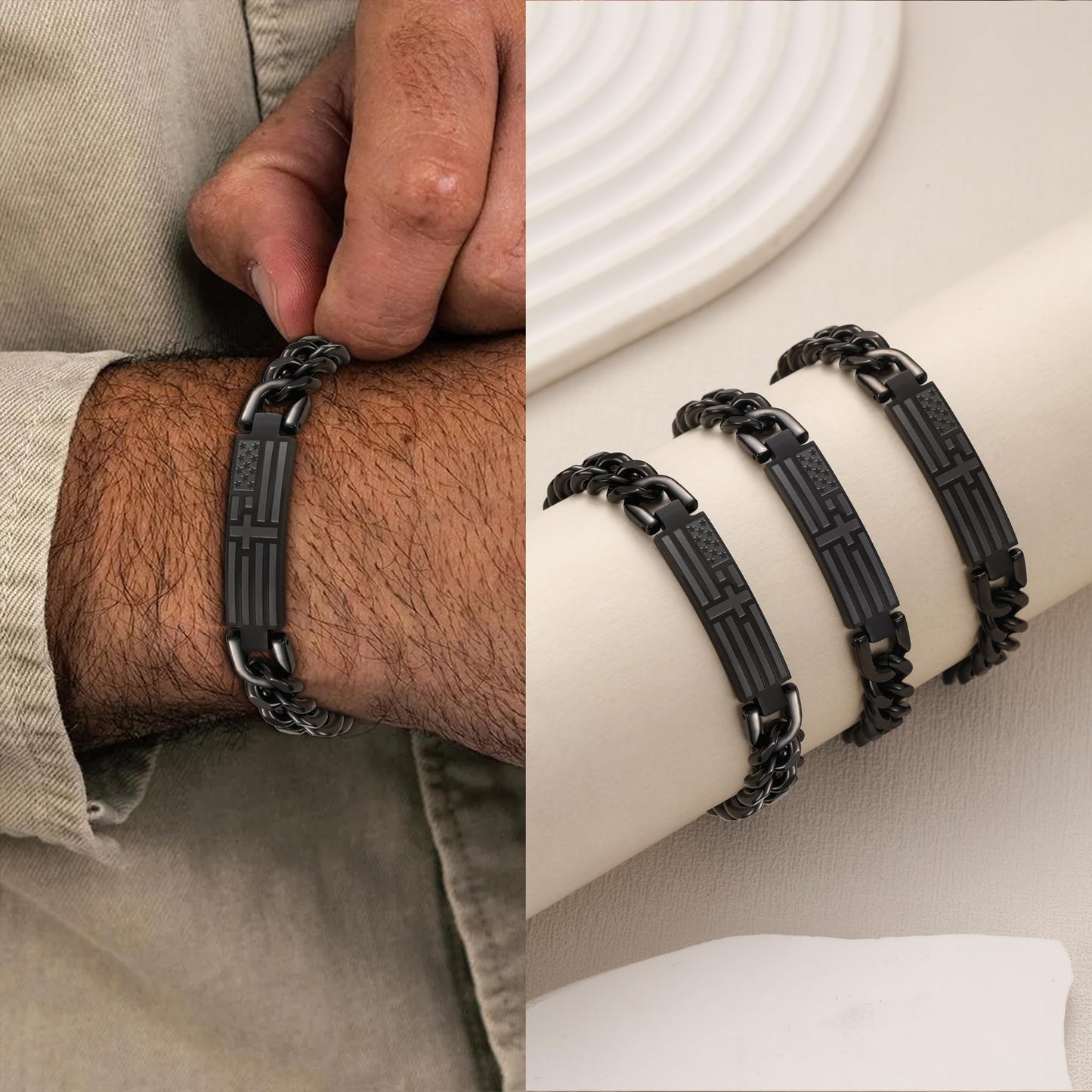 Gifts for Dad Husband Son Religious Christian Gifts Cross Bracelet for Men Teen Boys Adjustable Stainless Steel Bracelets for Men with American Flag Boyfriends Brother Grandson Baptism Birthday Gift