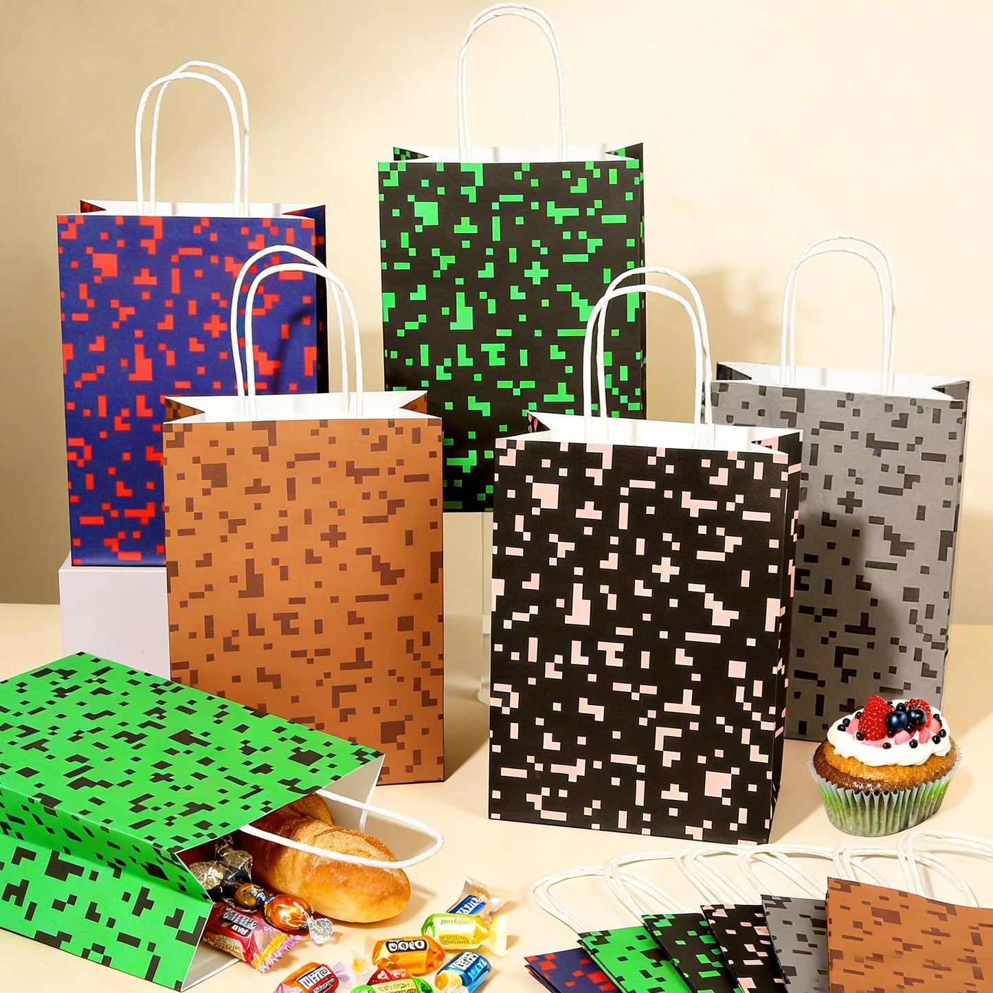 12 PCS Pixel Party Favors Bags Video Game Themed Paper Treat Bags with Handles Pixelated Goodie Gift Bag for Boys Girls Video Game Happy Birthday Baby Shower Party Decoration Supplies