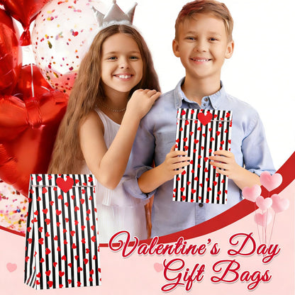 Jutieuo 24 PCS Valentine's Day Gift Bags with Heart Labels, Cute Black Red Valentine Paper Treat Bags Goodie Bag for Valentines Party Favors
