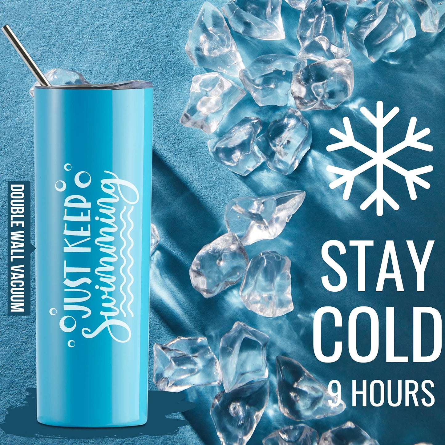 Onebttl Swimming Gifts, Swimmer Stainless Steel 20oz Skinny Tumbler for Women, Men, Teen Girls, Teammate, Coach, Blue - Just Keep Swimming