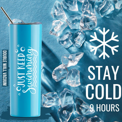 Onebttl Swimming Gifts, Swimmer Stainless Steel 20oz Skinny Tumbler for Women, Men, Teen Girls, Teammate, Coach, Blue - Just Keep Swimming
